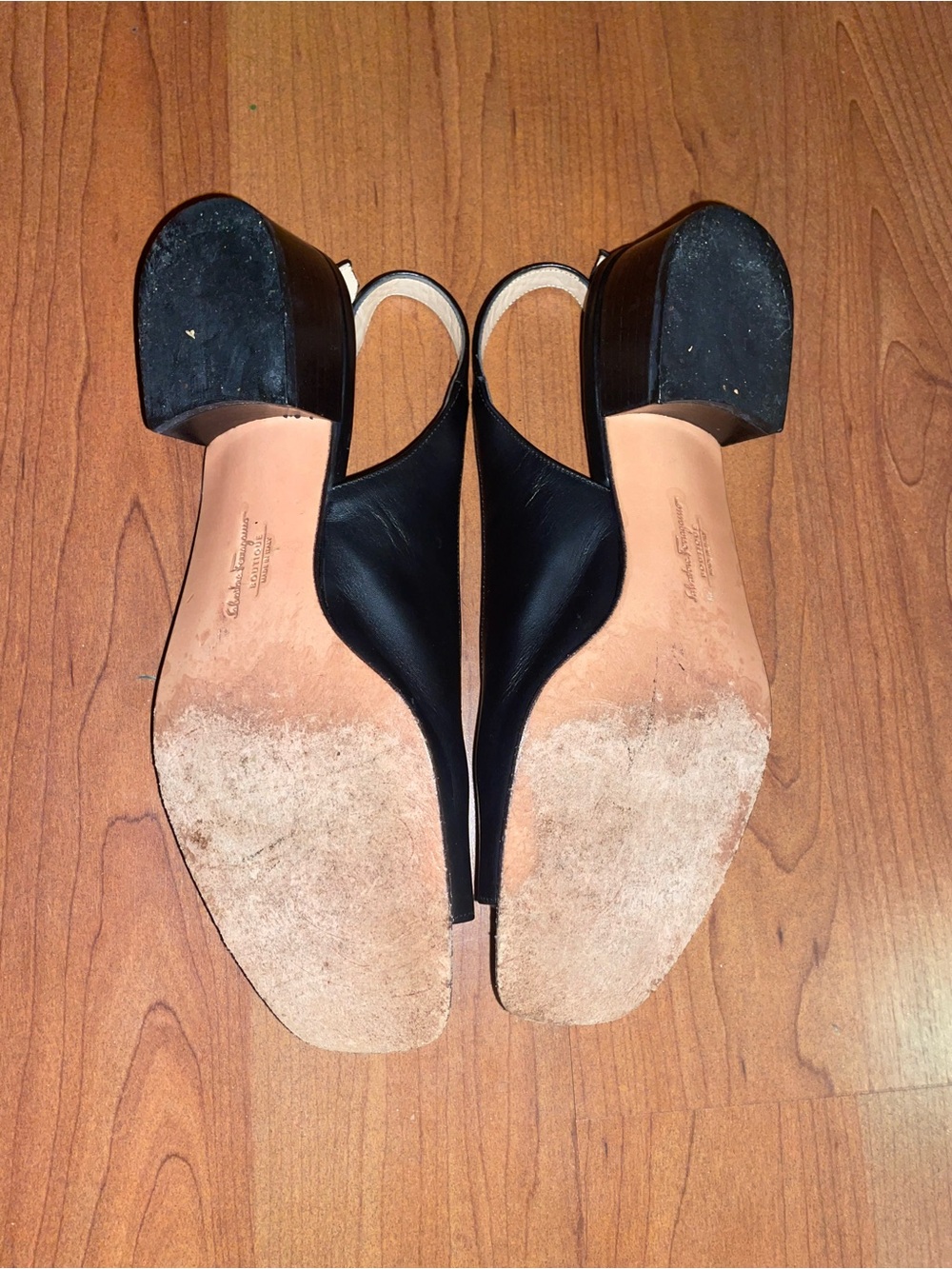 Salvatore Ferragamo Black Leather Slingback Mules with Gold Accent - Picture 4 of 4